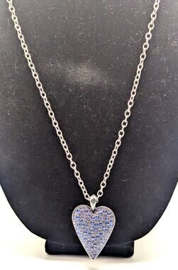 BRIGHTON Heart Pendant Necklace Womens Silver Tone Blue Crystal Pave 36in